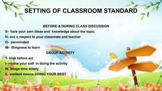 BEFORE & DURING CLASS DISCUSSION
S- hare your own ideas and knowledge about the topic.
H- ave a respect to your classmate and teacher
O- penminded
W- illingness to learn
GROUP ACTIVITY
T- hink before act
I- nvolve your self in doing the activity
M- anage time wisely
E- xcellent means DOING YOUR BEST
SETTING OF CLASSROOM STANDARD
 