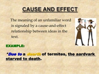 The meaning of an unfamiliar word
is signaled by a cause-and-effect
relationship between ideas in the
text.
EXAMPLE:
*Due to a dearth of termites, the aardvark
starved to death.
 