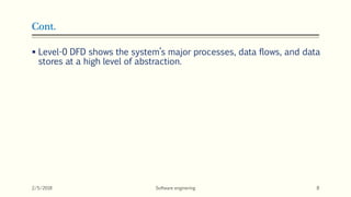 Cont.
 Level-0 DFD shows the system’s major processes, data flows, and data
stores at a high level of abstraction.
2/5/2018 Software enginering 8
 