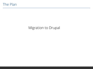 The Plan

Migration to Drupal

 