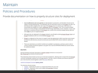 Maintain
Policies and Procedures
Provide documentation on how to properly structure sites for deployment

 