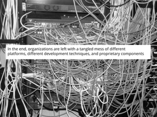 In the end, organizations are left with a tangled mess of different
platforms, different development techniques, and proprietary components

 