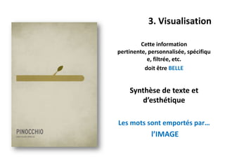 3. Visualisation

         Cette information
pertinente, personnalisée, spécifiqu
           e, filtrée, etc.
          doit être BELLE


    Synthèse de texte et
       d’esthétique

Les mots sont emportés par…
             l’IMAGE
 