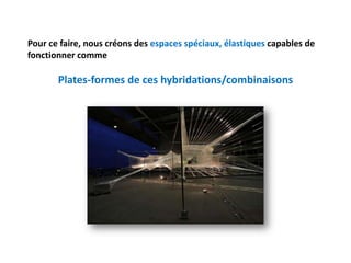 Pour ce faire, nous créons des espaces spéciaux, élastiques capables de
fonctionner comme

       Plates-formes de ces hybridations/combinaisons
 
