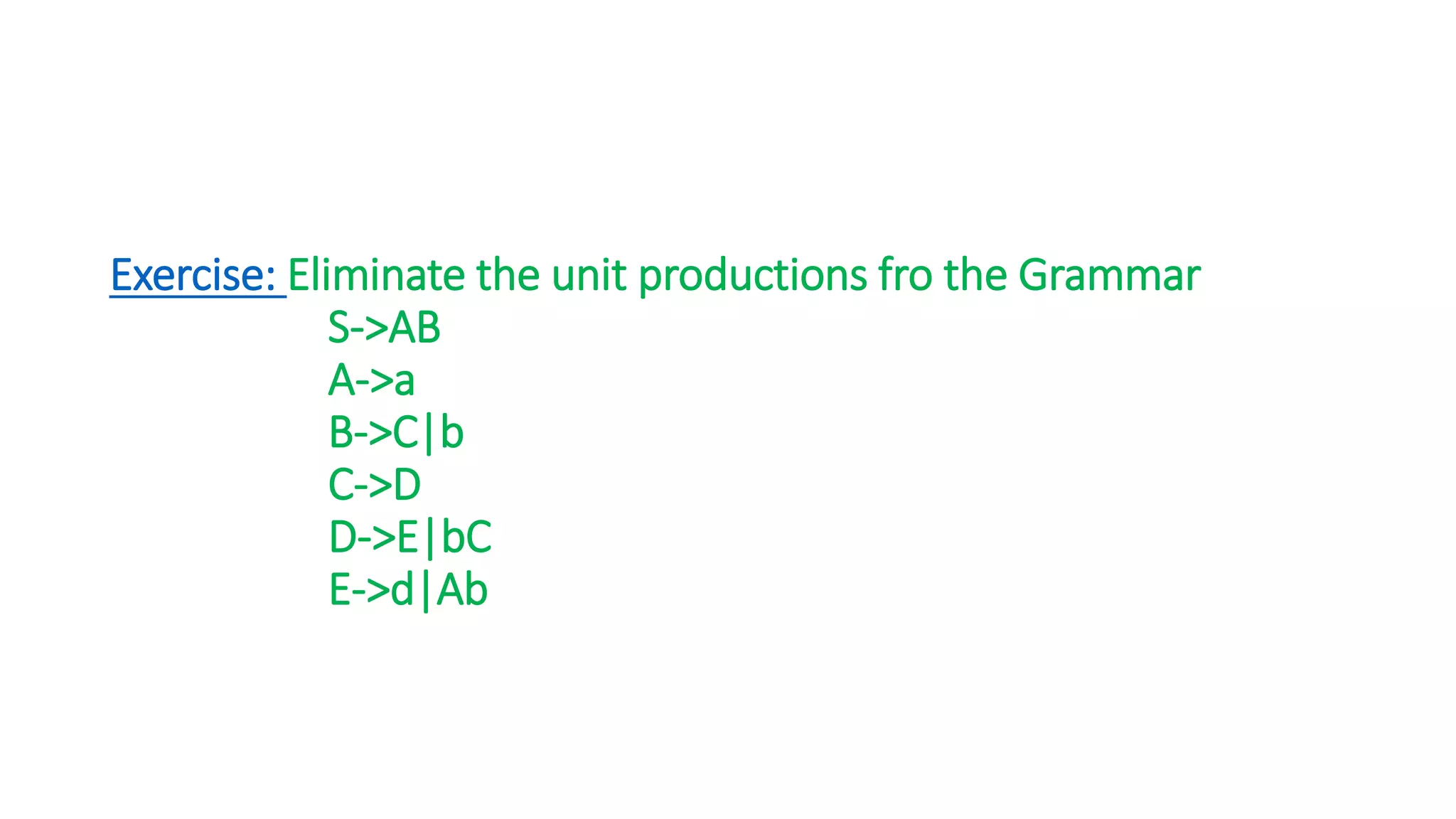 Exercise: Eliminate the unit productions fro the Grammar
S->AB
A->a
B->C|b
C->D
D->E|bC
E->d|Ab
 