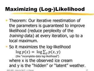 Maximizing (Log-)Likelihood
600.465 - Intro to NLP - J. Eisner 17
 