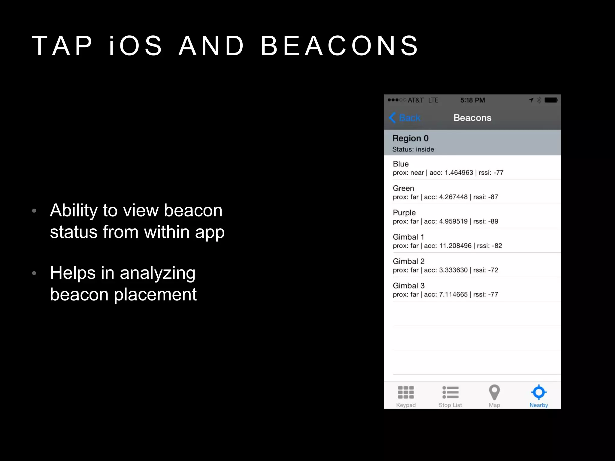 T A P i O S A N D B E A C O N S
• Ability to view beacon
status from within app
• Helps in analyzing
beacon placement
 