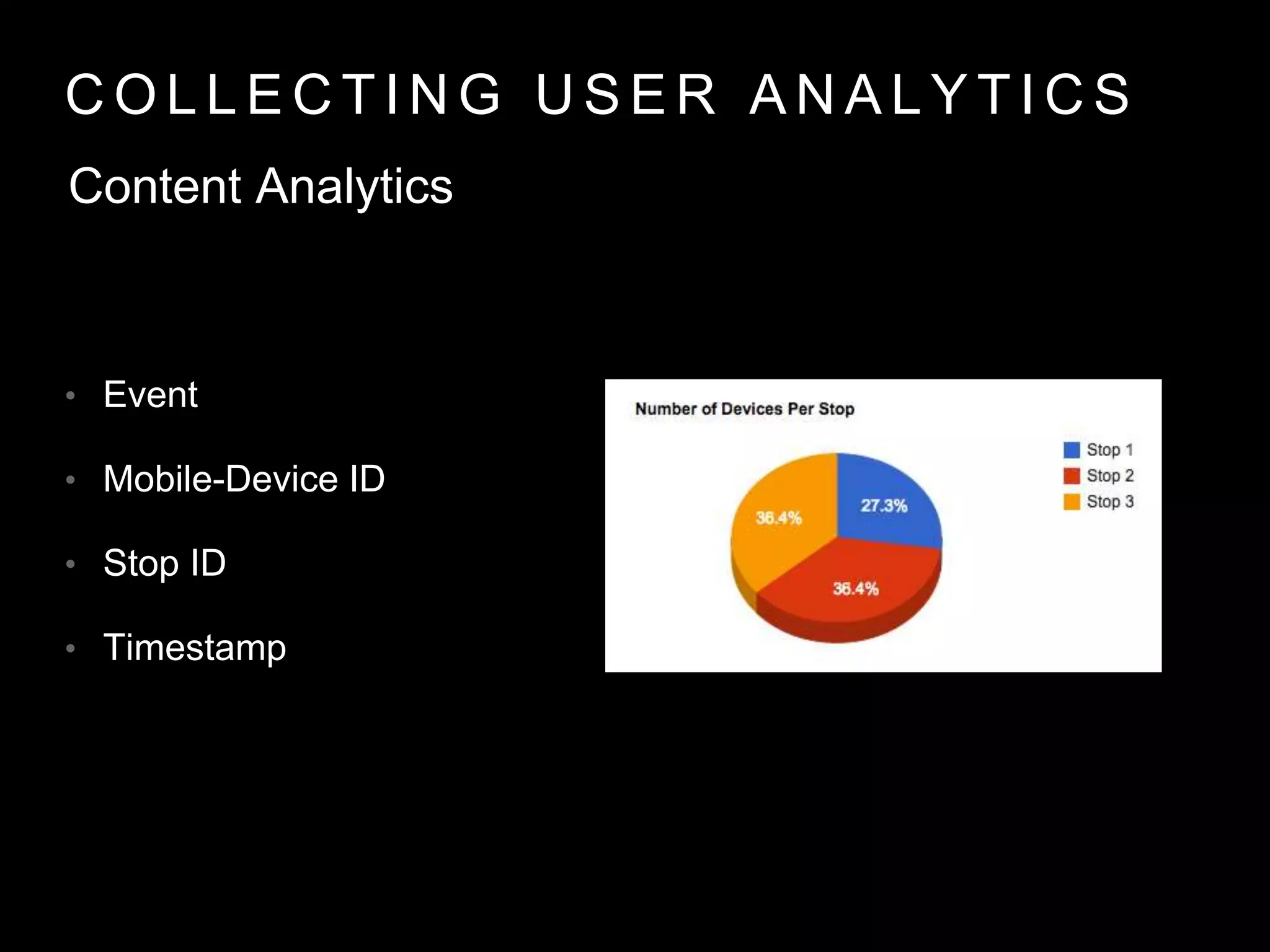 C O L L E C T I N G U S E R A N A L Y T I C S
• Event
• Mobile-Device ID
• Stop ID
• Timestamp
Content Analytics
 