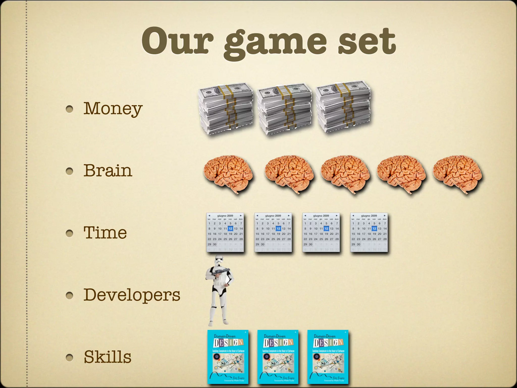 Our game set
Money


Brain


Time


Developers


Skills
 