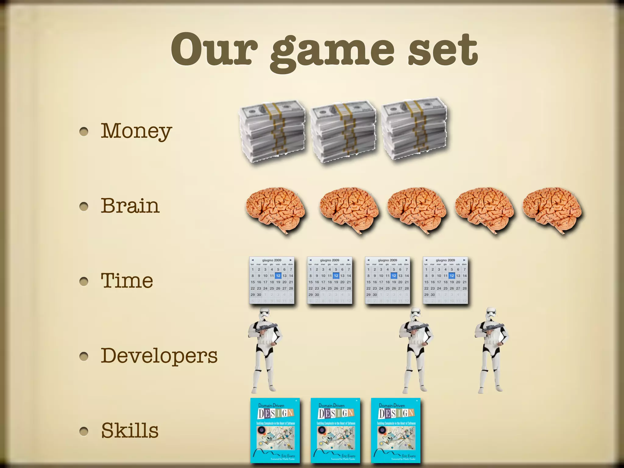 Our game set
Money


Brain


Time


Developers


Skills
 