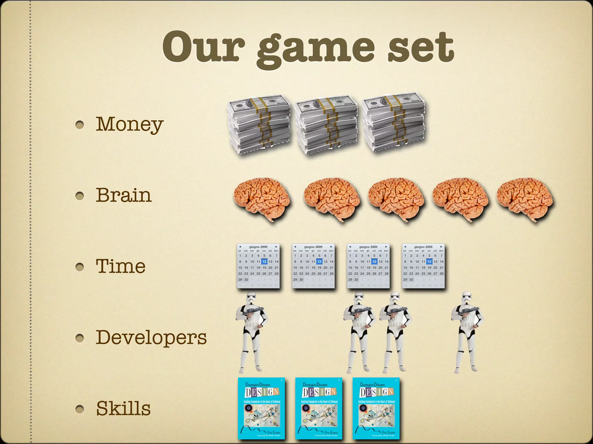 Our game set
Money


Brain


Time


Developers


Skills
 