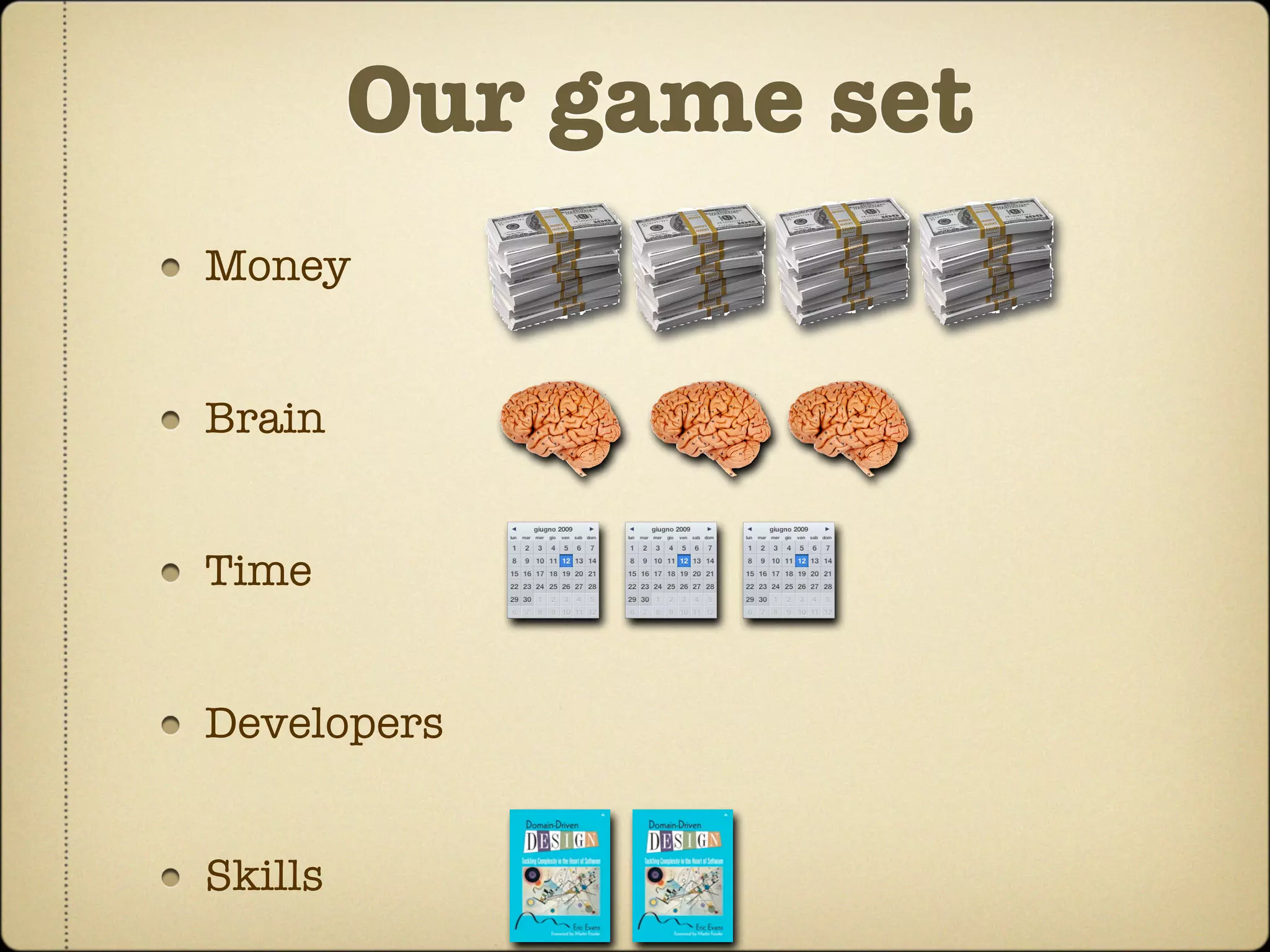 Our game set
Money


Brain


Time


Developers


Skills
 