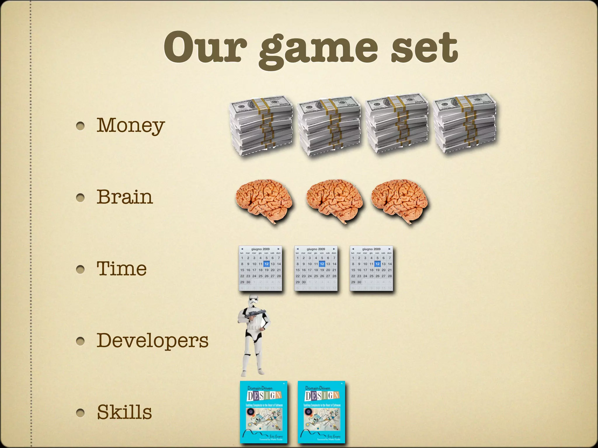 Our game set
Money


Brain


Time


Developers


Skills
 