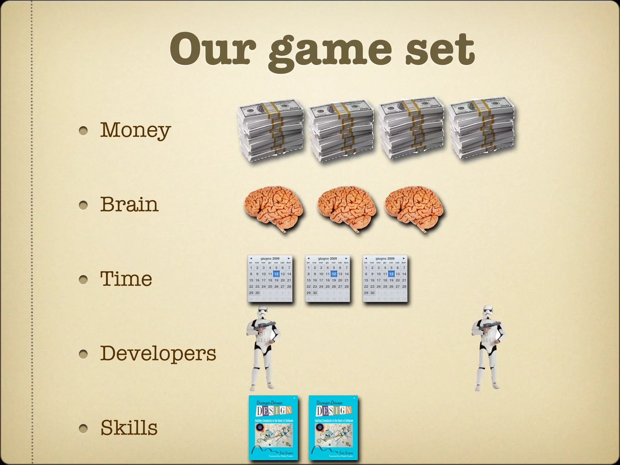 Our game set
Money


Brain


Time


Developers


Skills
 