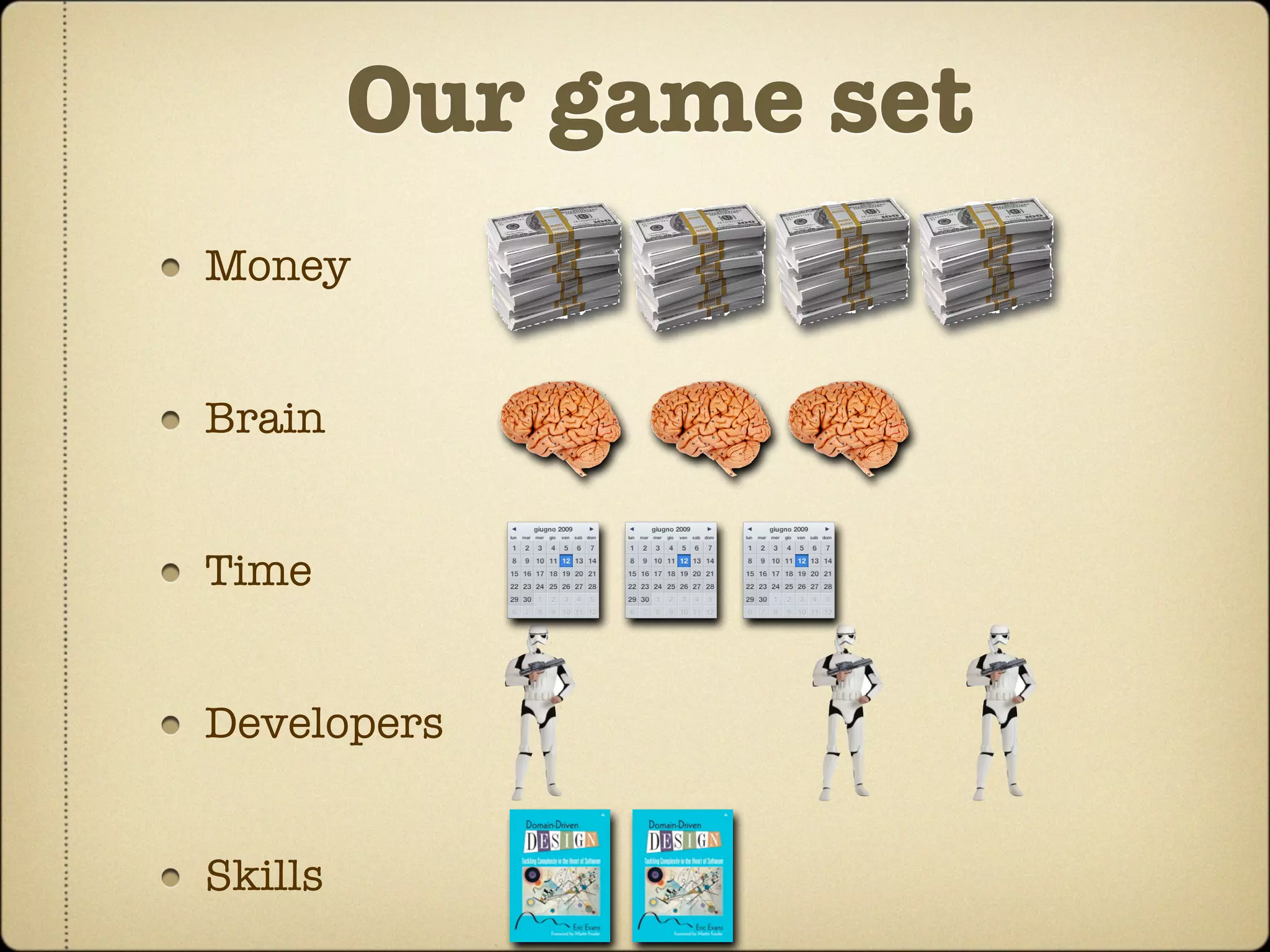 Our game set
Money


Brain


Time


Developers


Skills
 