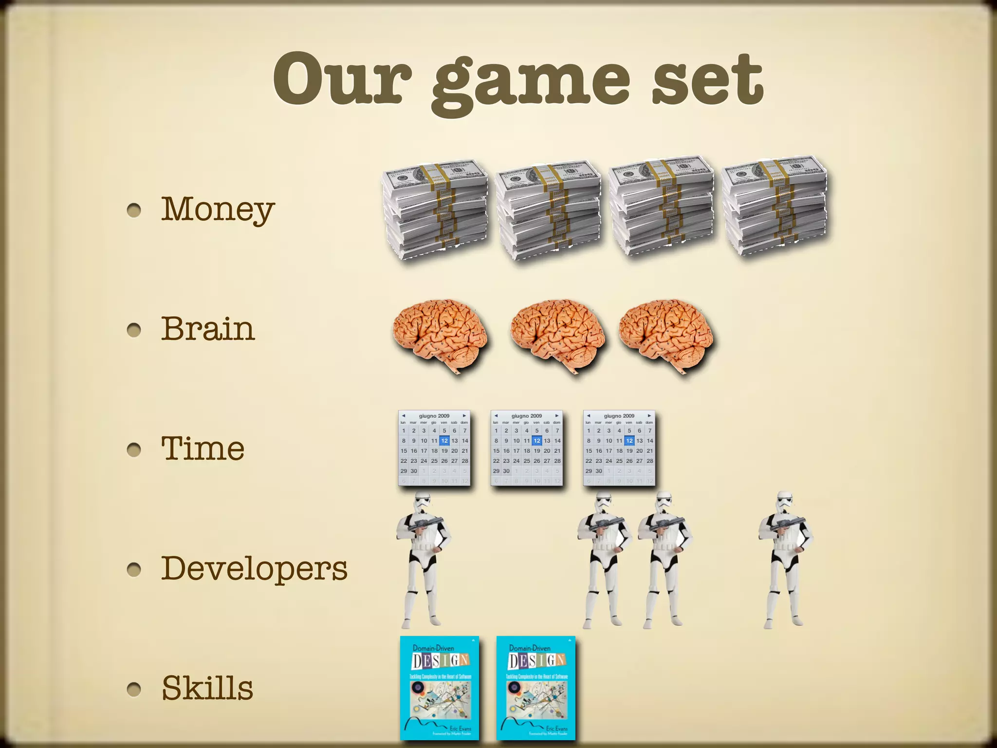 Our game set
Money


Brain


Time


Developers


Skills
 