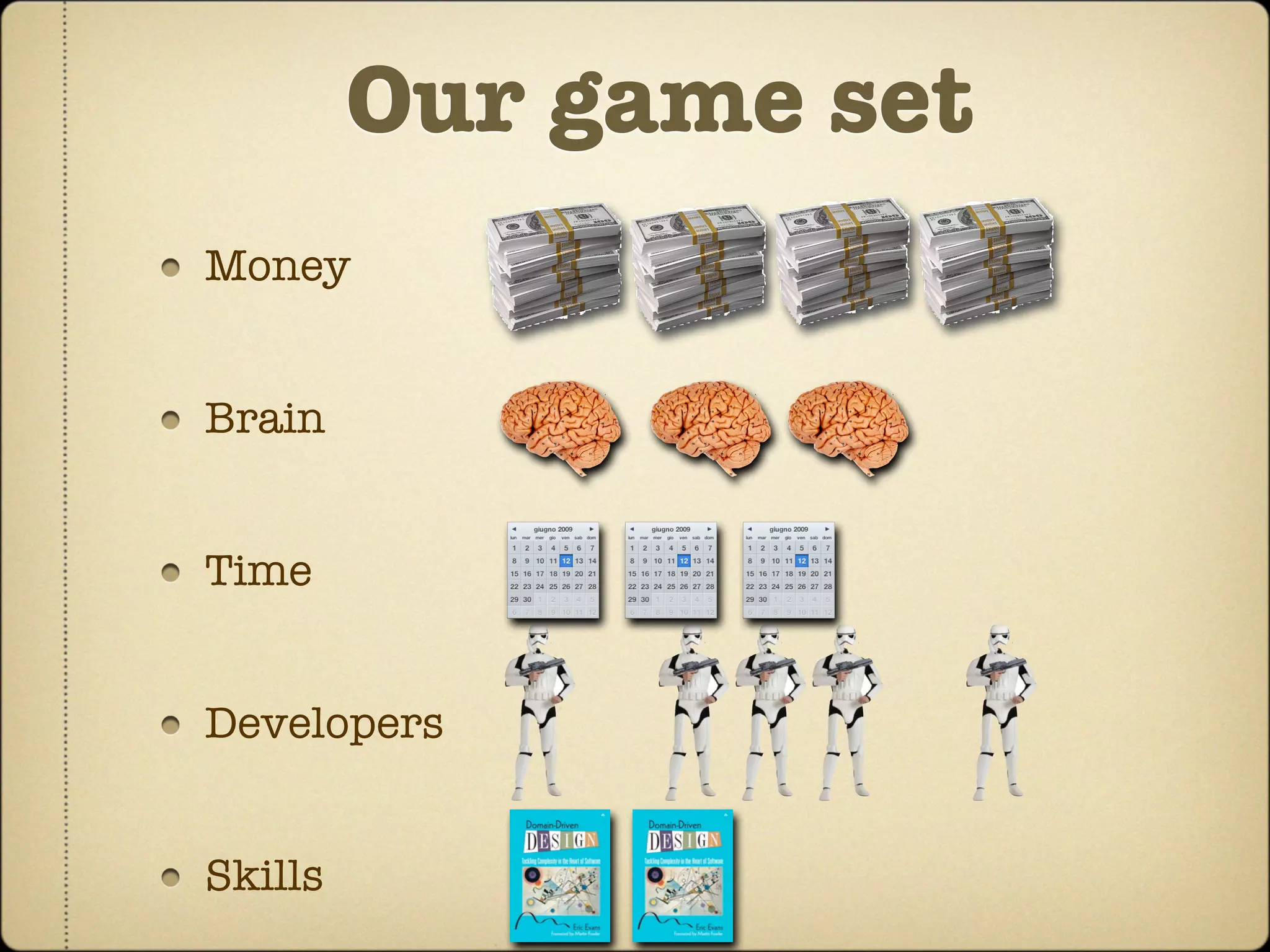 Our game set
Money


Brain


Time


Developers


Skills
 