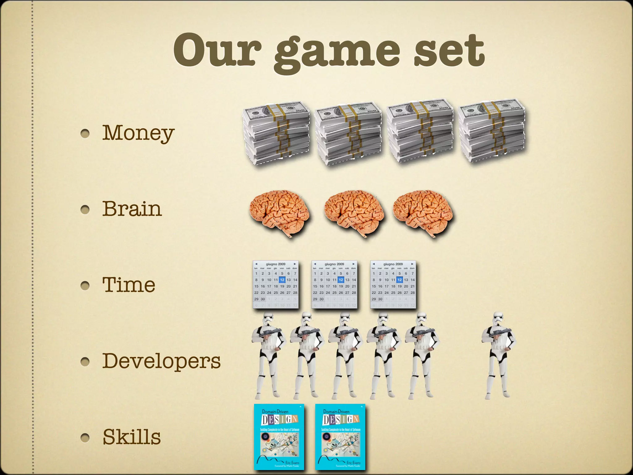 Our game set
Money


Brain


Time


Developers


Skills
 