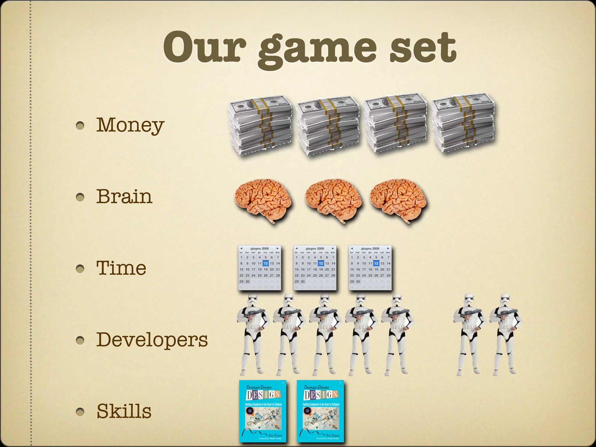 Our game set
Money


Brain


Time


Developers


Skills
 