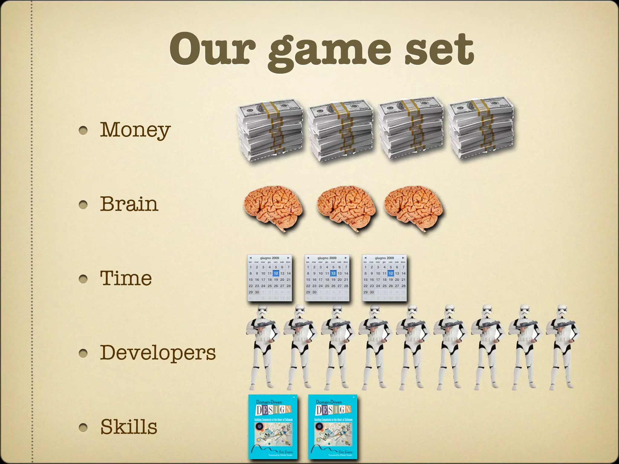 Our game set
Money


Brain


Time


Developers


Skills
 