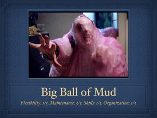Big Ball of Mud
Flexibility: 1/5, Maintenance: 5/5, Ski!s: 1/5, Organization: 1/5
 