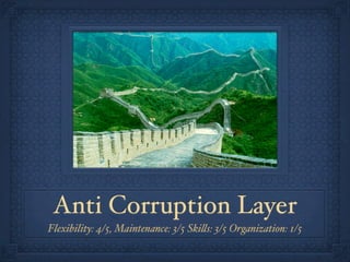 Anti Corruption Layer
Flexibility: 4/5, Maintenance: 3/5 Ski!s: 3/5 Organization: 1/5
 