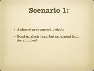 Scenario 1:

A shared area among projects

Good Analysis team but separated from
development
 