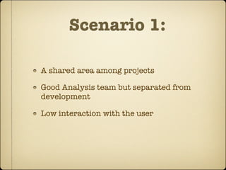 Scenario 1:

A shared area among projects

Good Analysis team but separated from
development

Low interaction with the user
 