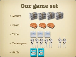 Our game set
Money


Brain


Time


Developers


Skills
 
