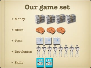 Our game set
Money


Brain


Time


Developers


Skills
 