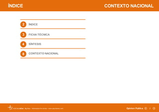 Big Data – Information for Action – www.qsocialnow.com Opinion Publica
CONTEXTO NACIONAL
2
3
4
ÍNDICE
ÍNDICE
FICHA TÉCNICA...