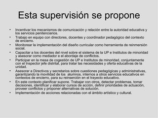 Esta supervisión se propone Incentivar los mecanismos de comunicación y relación entre la autoridad educativa y los servicios penitenciarios. Trabajo en equipo con directores, docentes y coordinador pedagógico del contexto de encierro. Monitorear la implementación del diseño curricular como herramienta de reinmersión social. Capacitar a los docentes del nivel sobre el sistema de la UP e Institutos de minoridad y asesorar como mediador e el abordaje de conflictos. Participar en la mesa de cogestión de UP e Institutos de minoridad, conjuntamente con el Inspector jefe distrital, para tratar las necesidades y oferta educativas de la unidad. Asesorar a Directivos y secretarios sobre cuestiones pedagógicas y administrativas, garantizando la movilidad de los  alumnos, internos a otros servicios educativos en contextos de encierro, para su reinserción en el trayecto educativo. En este contexto planificar supone. Trabajar con otros, detectar problemas, tomar decisiones, identificar y elaborar cursos de acción, definir prioridades de actuación, proveer conflictos y proponer alternativas de solución. Implementación de acciones relacionadas con el ámbito artístico y cultural. 
