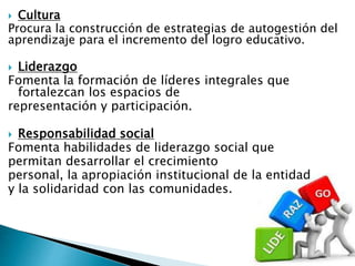  Cultura
Procura la construcción de estrategias de autogestión del
aprendizaje para el incremento del logro educativo.
 Liderazgo
Fomenta la formación de líderes integrales que
fortalezcan los espacios de
representación y participación.
 Responsabilidad social
Fomenta habilidades de liderazgo social que
permitan desarrollar el crecimiento
personal, la apropiación institucional de la entidad
y la solidaridad con las comunidades.

 