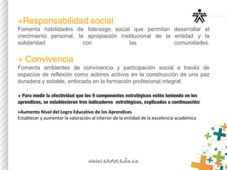 +Responsabilidad social 
Fomenta habilidades de liderazgo social que permitan desarrollar el
crecimiento personal, la apropiación institucional de la entidad y la
solidaridad con las comunidades.
+ Convivencia​  
Fomenta ambientes de convivencia y participación social a través de
espacios de reflexión como actores activos en la construcción de una paz
duradera y estable, enfocada en la formación profesional integral.
+ Para medir la efectividad que los 9 componentes estratégicos estén teniendo en los
aprendices, se establecieron tres indicadores estratégicos, explicados a continuación:​
+Aumento Nivel del Logro Educativo de los Aprendices  
Establecer y aumentar la valoración al interior de la entidad de la excelencia académica
 
