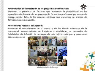 +Disminución de la Deserción de los programas de Formación 
Disminuir  la  presencia  de  factores  que  aumentan  la  probabilidad  de  los 
aprendices de desertar de los procesos de formación profesional por causas de 
rezago  escolar,  falta  de  los  recursos  mínimos  para  garantizar  su  proceso  de 
formación o desmotivación.
 
+Crecimiento Personal del Aprendiz 
Aumentar  el  conocimiento  de  sí  mismo  y  de  los  demás  miembros  de  la 
comunidad,  reconocimiento  de  fortalezas  y  debilidades,  el  desarrollo  de 
habilidades y la definición de metas para la vida, bajo los principios y valores que 
cada uno profesa.
 