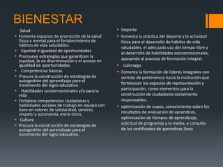 BIENESTAR
Salud
 Fomenta espacios de promoción de la salud
física y mental para el fortalecimiento de
hábitos de vida saludables.
 Equidad e igualdad de oportunidades
 Promueve estrategias que garanticen la
equidad, la no discriminación y el acceso en
igualdad de oportunidades.
 Competencias básicas
 Procura la construcción de estrategias de
autogestión del aprendizaje para el
incremento del logro educativo.
 Habilidades socioemocionales y/o para la
vida
 Fortalece competencias ciudadanas y
habilidades sociales de trabajo en equipo con
base en valores de solidaridad, servicio,
respeto y autonomía, entre otros.
 Cultura
 Procura la construcción de estrategias de
autogestión del aprendizaje para el
incremento del logro educativo.
 Deporte
 Fomenta la práctica del deporte y la actividad
física para el desarrollo de hábitos de vida
saludables, el adecuado uso del tiempo libre y
el desarrollo de habilidades socioemocionales,
apoyando al proceso de formación integral.
 Liderazgo
 Fomenta la formación de líderes integrales con
sentido de pertenencia hacia la institución que
fortalezcan los espacios de representación y
participación, como elementos para la
construcción de ciudadanos socialmente
responsables.
 optimización de cupos, conocimiento sobre los
resultados de evaluación de aprendices,
optimización de tiempos de aprendizaje,
solicitud de programas a la media, y consulta
de los certificados de aprendices Sena
 