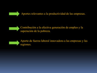 Aportes relevantes a la productividad de las empresas.
Contribución a la efectiva generación de empleo y la
superación de la pobreza.
Aporte de fuerza laboral innovadora a las empresas y las
regiones.
 