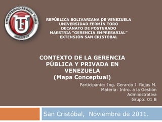 REPÚBLICA BOLIVARIANA DE VENEZUELA
      UNIVERSIDAD FERMÍN TORO
       DECANATO DE POSTGRADO
  MAESTRIA “GERENCIA EMPRESARIAL”
      EXTENSIÓN SAN CRISTÓBAL




CONTEXTO DE LA GERENCIA
  PÚBLICA Y PRIVADA EN
       VENEZUELA
    (Mapa Conceptual)
              Participante: Ing. Gerardo J. Rojas M.
                         Materia: Intro. a la Gestión
                                      Administrativa
                                        Grupo: 01 B


 San Cristóbal, Noviembre de 2011.
 
