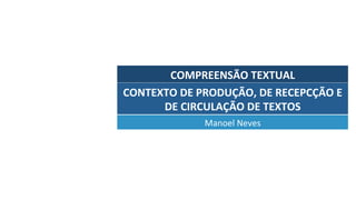 COMPREENSÃO	TEXTUAL	
Manoel	Neves	
CONTEXTO	DE	PRODUÇÃO,	DE	RECEPCÇÃO	E	
DE	CIRCULAÇÃO	DE	TEXTOS	
 