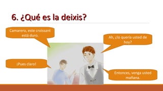 6. ¿Qué es la deixis?6. ¿Qué es la deixis?
Camarero, este croissant
está duro. Ah, ¿lo quería usted de
hoy?
¡Pues claro!
Entonces, venga usted
mañana.
 