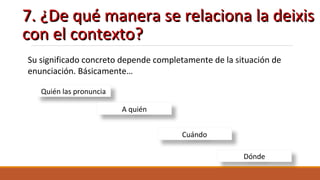 7. ¿De qué manera se relaciona la deixis7. ¿De qué manera se relaciona la deixis
con el contexto?con el contexto?
Su significado concreto depende completamente de la situación de
enunciación. Básicamente…
Quién las pronuncia
Cuándo
A quién
Dónde
 