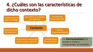 4. ¿Cuáles son las características de4. ¿Cuáles son las características de
dicho contexto?dicho contexto?
La intertextualidadintertextualidad nos
ayuda a crear y
comprender el contexto
 