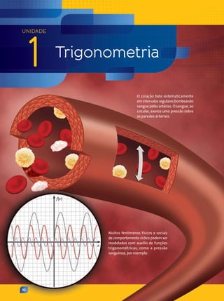 10
O coração bate sistematicamente
emintervalosregularesbombeando
sangue pelas artérias. O sangue, ao
circular, exerce uma pressão sobre
as paredes arteriais.
Muitos fenômenos físicos e sociais
de comportamento cíclico podem ser
modelados com auxílio de funções
trigonométricas, como a pressão
sanguínea, por exemplo.
f(x)
x
UNIDADE
1 Trigonometria
Contexto_e_Aplicações_Matematica_V2_PNLD2015_010a011.indd 10 5/6/13 9:06 AM
 