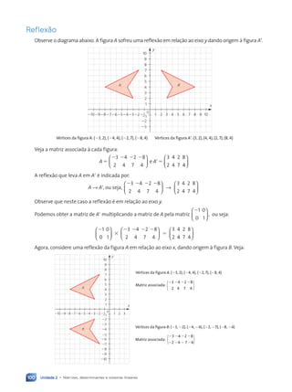Unidade 2 • Matrizes, determinantes e sistemas lineares
100
Reflex‹o
Observe o diagrama abaixo. A figura A sofreu uma reflex‹o em relaç‹o ao eixo y dando origem ˆ figura A9.
0
1 x
y
2
3
4
5
6
7
8
9
10
⫺3
⫺2
⫺1
⫺1
⫺2
⫺3
⫺4
⫺5
⫺6
⫺7
⫺8
⫺9
VŽrtices da figura A: (⫺3, 2), (⫺4, 4), (⫺2, 7), (⫺8, 4) VŽrtices da figura AÕ: (3, 2), (4, 4), (2, 7), (8, 4)
⫺10 1 2 3 4 5 6 7 8 9 10
A⬘
A
Veja a matriz associada ˆ cada figura:
A
3
2 4
2
7
8
4
3
2
4
4
2
7
8
5
2 2 2 2
95
4





 e A
4
4






A reflex‹o que leva A em A9 Ž indicada por:
A → A9, ou seja,
2 2 2 2
3
2 4
2
7
8
4
3
2
4
4
2
7
8
4
4





 →






Observe que neste caso a reflex‹o Ž em relaç‹o ao eixo y.
Podemos obter a matriz de A9 multiplicando a matriz de A pela matriz
21
0
0
1
,





 ou seja:
2
3
2 2 2 2
5
1
0
0
1 2
4
4
2
7
8
4
3
2
4












3
4
4
2
7
8
4






Agora, considere uma reflex‹o da figura A em relaç‹o ao eixo x, dando origem ˆ figura B. Veja:
0
1 x
y
2
3
4
5
6
7
8
9
10
24
23
22
21
28
27
210
29
26
25
21
22
23
24
25
26
27
28
29
210 1 2 3
VŽrtices da figura A: (23, 2), (24, 4), (22, 7), (28, 4)
Matriz associada:
23 24 22 28
2 4 7 4
VŽrtices da figura B: (23, 22), (24, 24), (22, 27), (28, 24)
Matriz associada:
23 24 22 28
22 24 2 7 24
A
B
Contexto_e_Aplica•›es_Matematica_V2_PNLD2015_074a107_U2_C5.indd 100 5/6/13 9:29 AM
 