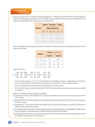 Unidade 2 • Matrizes, determinantes e sistemas lineares
128
Pensando
ENEM
no
1. Vamos supor que, com os incentivos dados pelo governo, a venda de autom—veis tenha crescido bastante.
Confira na tabela abaixo quais foram os tr•s modelos mais vendidos, em vers›es duas e quatro portas, e as
respectivas quantidades, nos meses janeiro a mar•o de 2013.
Modelo
Janeiro Fevereiro Mar•o
Nœmero de portas
4 2 4 2 4 2
1o
X 130 28 150 30 250 43
2o
Y 95 11 80 26 150 33
3o
Z 90 9 80 26 130 30
Esta outra tabela mostra os pre•os desses tr•s modelos de autom—vel, que se manteve constante nos tr•s
meses considerados.
Modelo
Pre•o (em mil reais)
2 portas 4 portas
1o
X 25 28
2o
Y 20 25
3o
Z 24 26
Sejam as matrizes:
A 5
130 150 250
95 80 150
90 80 130








, B 5
28 30 43
11 26 33
9 26 30








e C 5
25 28
20 25
24 26








.
¥ Em A, as linhas indicam o 1o
, o 2o
e o 3o
colocados em quantidades vendidas, considerando a vers‹o 4 por-
tas, e as colunas indicam as vendas nos meses de janeiro, fevereiro e mar•o, respectivamente.
¥ Em B, s‹o indicados os mesmos dados de A, porŽm para a vers‹o 2 portas.
¥ Em C, as linhas indicam o pre•o de venda do 1o
, do 2o
e do 3o
colocados, nessa ordem, e as colunas, as vers›es
2 e 4 portas.
Analise as afirma•›es abaixo e indique a verdadeira:
a) O produto CA indica a arrecada•‹o com as vendas dos ve’culos vers‹o 4 portas nos meses de janeiro, feve-
reiro e mar•o.
b) O produto AC indica a arrecada•‹o com as vendas dos ve’culos nas vers›es 2 e 4 portas nos meses de janeiro,
fevereiro e mar•o.
c) O produto (A 1 B)C indica o total da arrecada•‹o com as vendas dos ve’culos nas vers›es 2 e 4 portas nos
meses de janeiro, fevereiro e mar•o.
d) A soma dos produtos dos elementos da segunda linha de A pelos elementos correspondentes da segunda co-
luna de B Ž igual ˆ arrecada•‹o com a venda dos ve’culos de 2 portas do modelo Z.
e) O produto do elemento b11 da matriz B pelo elemento c11 da matriz C representa a arrecada•‹o com a venda
do modelo X com 2 portas no m•s de janeiro.
Contexto_e_Aplica•›es_Matematica_V2_PNLD2015_108a131_U2_C6.indd 128 5/6/13 9:36 AM
 
