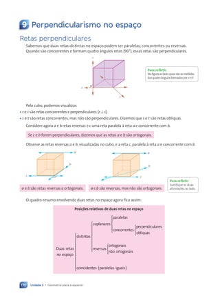 Unidade 3 • Geometria plana e espacial
170
9 Perpendicularismo no espa•o
Retas perpendiculares
Sabemos que duas retas distintas no espaço podem ser paralelas, concorrentes ou reversas.
Quando são concorrentes e formam quatro ‰ngulos retos (90¡), essas retas são perpendiculares.
s
t
r
Pelo cubo, podemos visualizar:
• r e s são retas concorrentes e perpendiculares (r ⊥ s).
• s e t são retas concorrentes, mas não são perpendiculares. Dizemos que s e t são retas oblíquas.
Considere agora a e b retas reversas e c uma reta paralela ˆ reta a e concorrente com b.
Se c e b forem perpendiculares, dizemos que as retas a e b são ortogonais.
Observe as retas reversas a e b, visualizadas no cubo, e a reta c, paralela ˆ reta a e concorrente com b.
c
b
a
b
c
a
a e b são retas reversas e ortogonais. a e b são reversas, mas não são ortogonais.
O quadro-resumo envolvendo duas retas no espaço agora fica assim:
Posições relativas de duas retas no espaço
Duas retas
no espaço
distintas
coplanares
parale
el
le
le as
concorrentes
perpendiculares
oblíquas
































reversas
ortogonais
não ortogonais




























( )








coincidentes ( )
( )
( )
( )
( )
( )
( )
( )
( )
( )
( )
( )
( )
( )




























Para refletir
Nafiguraaolado,quaissãoasmedidas
dosquatro‰ngulosformadosporset?
Para refletir
Justifique as duas
afirmações ao lado.
Contexto_e_Aplica•›es_Matematica_V2_PNLD2015_158a181_U3_C8.indd 170 5/6/13 9:45 AM
 