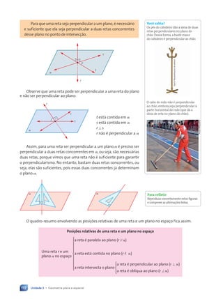Unidade 3 • Geometria plana e espacial
172
Para que uma reta seja perpendicular a um plano, Ž necess‡rio
e suficiente que ela seja perpendicular a duas retas concorrentes
desse plano no ponto de intersec•‹o.
r
t
s
a
P
Observe que uma reta pode ser perpendicular a uma reta do plano
e n‹o ser perpendicular ao plano:
r
s
a
t
t est‡ contida em a
s est‡ contida em a
r ⊥ s
r n‹o Ž perpendicular a a
Assim, para uma reta ser perpendicular a um plano a Ž preciso ser
perpendicular a duas retas concorrentes em a, ou seja, s‹o necess‡rias
duas retas, porque vimos que uma reta n‹o Ž suficiente para garantir
o perpendicularismo. No entanto, bastam duas retas concorrentes, ou
seja, elas s‹o suficientes, pois essas duas concorrentes j‡ determinam
o plano a.
a a
O quadro-resumo envolvendo as posi•›es relativas de uma reta e um plano no espa•o fica assim:
Posições relativas de uma reta e um plano no espaço






































Uma reta r e um
r
plano a no espaço
a reta Ž paralela ao plano (r // a)
a reta est‡ contida no plano (r , a)
a reta intersecta o plano
a reta Ž obl’qua ao plano (r ^ a)
a reta Ž perpendicular ao plano (r ' a)
Para refletir
Reproduza concretamente estas figuras
e comprove as afirma•›es feitas.
Dam
d’Souza/Arquivo
da
editora
Você sabia?
Os pŽs do cabideiro d‹o a ideia de duas
retas perpendiculares no plano do
ch‹o. Dessa forma, a haste maior
do cabideiro Ž perpendicular ao ch‹o.
O cabo do rodo n‹o Ž perpendicular
ao ch‹o, embora seja perpendicular ˆ
parte horizontal do rodo (que d‡ a
ideia de reta no plano do ch‹o).
Photo
4/Keystone
Contexto_e_Aplicações_Matematica_V2_PNLD2015_158a181_U3_C8.indd 172 5/6/13 9:45 AM
 