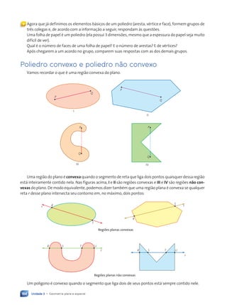 Unidade 3 • Geometria plana e espacial
184
« Agora que já definimos os elementos básicos de um poliedro (aresta, vértice e face), formem grupos de
três colegas e, de acordo com a informação a seguir, respondam às questões.
Uma folha de papel é um poliedro (ela possui 3 dimensões, mesmo que a espessura do papel seja muito
difícil de ver).
Qual é o número de faces de uma folha de papel? E o número de arestas? E de vértices?
Após chegarem a um acordo no grupo, comparem suas respostas com as dos demais grupos.
Poliedro convexo e poliedro não convexo
Vamos recordar o que é uma região convexa do plano.
P
I
Q
P
Q
II
P
Q
III
P
Q
IV
Uma região do plano é convexa quando o segmento de reta que liga dois pontos quaisquer dessa região
está inteiramente contido nela. Nas figuras acima, I e II são regiões convexas e III e IV são regiões não con-
vexas do plano. De modo equivalente, podemos dizer também que uma região plana é convexa se qualquer
reta r desse plano intersecta seu contorno em, no máximo, dois pontos:
R
S
r
R
S
r
R U
S T
r R U
S T
r
Regiões planas convexas
Regiões planas não convexas
Um polígono é convexo quando o segmento que liga dois de seus pontos está sempre contido nele.
Contexto_e_Aplicações_Matematica_V2_PNLD2015_182a214_U3_C9.indd 184 5/6/13 9:48 AM
 