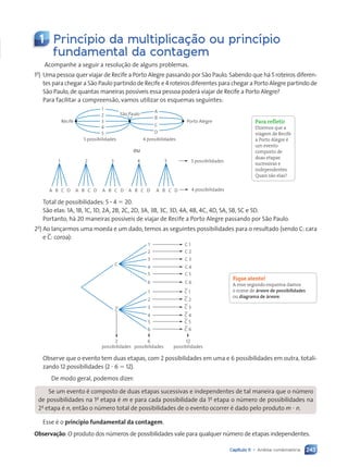 243
Capítulo 11 • Análise combinatória
1 Princípio da multiplicação ou princípio
fundamental da contagem
Acompanhe a seguir a resolução de alguns problemas.
1o
) Uma pessoa quer viajar de Recife a Porto Alegre passando por São Paulo. Sabendo que há 5 roteiros diferen-
tes para chegar a São Paulo partindo de Recife e 4 roteiros diferentes para chegar a Porto Alegre partindo de
São Paulo, de quantas maneiras possíveis essa pessoa poderá viajar de Recife a Porto Alegre?
Para facilitar a compreensão, vamos utilizar os esquemas seguintes:
Recife Porto Alegre
1
2
3
4
5 possibilidades 4 possibilidades
5
São Paulo
A
B
C
D
ou
5 possibilidades
1 2 3 4 5
4 possibilidades
A B C D A B C D A B C D A B C D A B C D
Total de possibilidades: 5 ? 4 5 20.
São elas: 1A, 1B, 1C, 1D, 2A, 2B, 2C, 2D, 3A, 3B, 3C, 3D, 4A, 4B, 4C, 4D, 5A, 5B, 5C e 5D.
Portanto, há 20 maneiras possíveis de viajar de Recife a Porto Alegre passando por São Paulo.
2o
) Ao lançarmos uma moeda e um dado, temos as seguintes possibilidades para o resultado (sendo C: cara
e C: coroa):
C
C.
1
2
3
4
5
6
C 1
C 2
C 3
C 4
C 5
C 6
1
2
3
4
5
6
C. 1
C. 2
C. 3
C. 4
C. 5
C. 6
6
possibilidades
12
possibilidades
2
possibilidades
Observe que o evento tem duas etapas, com 2 possibilidades em uma e 6 possibilidades em outra, totali-
zando 12 possibilidades (2 ? 6 5 12).
De modo geral, podemos dizer:
Se um evento é composto de duas etapas sucessivas e independentes de tal maneira que o número
de possibilidades na 1a
etapa é m e para cada possibilidade da 1a
etapa o número de possibilidades na
2a
etapa é n, então o número total de possibilidades de o evento ocorrer é dado pelo produto m ? n.
Esse é o princípio fundamental da contagem.
Observação: O produto dos números de possibilidades vale para qualquer número de etapas independentes.
Para refletir
Dizemos que a
viagem de Recife
a Porto Alegre é
um evento
composto de
duas etapas
sucessivas e
independentes.
Quais são elas?
Fique atento!
A esse segundo esquema damos
o nome de árvore de possibilidades
ou diagrama de árvore.
Contexto_e_Aplicações_Matematica_V2_PNLD2015_242a265_U4_C11.indd 243 5/6/13 10:02 AM
 