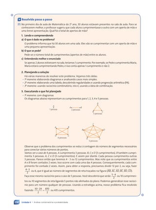Unidade 4 • Análise combinatória e probabilidade
256
« Resolvido passo a passo
20.No primeiro dia de aula de Matemática do 2o
ano, 30 alunos estavam presentes na sala de aula. Para se
conhecerem melhor, o professor sugeriu que cada aluno cumprimentasse o outro com um aperto de mão e
uma breve apresentação. Qual foi o total de apertos de mão?
1. Lendo e compreendendo
a) O que é dado no problema?
O problema informa que há 30 alunos em uma sala. Eles vão se cumprimentar com um aperto de mão e
uma pequena apresentação.
b) O que se pede?
Pede-se o número total de cumprimentos (apertos de mão) entre os alunos.
c) Entendendo melhor o enunciado
Se apenas 2 alunos estivessem na sala, teríamos 1 cumprimento. Por exemplo, se Pedro cumprimenta Maria,
Maria estará cumprimentando Pedro, e isso conta apenas 1 cumprimento e não 2.
2. Planejando a solução
Há várias maneiras de resolver este problema. Vejamos três delas:
• 1a
maneira: elaborando diagramas e analisando casos mais simples.
• 2a
maneira: elaborando uma tabela, descobrindo regularidades e usando progressão aritmética (PA).
• 3a
maneira: usando raciocínio combinatório, isto é, usando a ideia de combinação.
3. Executando o que foi planejado
• 1a
maneira: com diagramas
Os diagramas abaixo representam os cumprimentos para 1, 2, 3, 4 e 5 pessoas.
B
B
B
B
C
C
C
D
D
E
A
A
A
A
A
1 pessoa 2 pessoas
3 pessoas
4 pessoas
5 pessoas
Observe que o problema dos cumprimentos se reduz à contagem do número de segmentos necessários
para conectar vários números de pontos.
Vamos ver o caso de 4 pessoas. A cumprimenta 3 pessoas: B, C e D (3 cumprimentos). B também cumpri-
menta 3 pessoas: A, C e D (3 cumprimentos). E assim por diante. Cada pessoa cumprimenta outras
3 pessoas. Parece então que teremos 4 ? 3 ou 12 cumprimentos. Mas note que os cumprimentos entre
A e B foram contados 2 vezes. Isso ocorre com cada uma das 4 pessoas. Consequentemente, cada cum-
primento foi contado 2 vezes. Assim, para obter a resposta, precisamos dividir 12 por 2, ou seja, fazer
4 3
2
4 3
4 3
ou 6, que é igual ao número de segmentos de reta traçados na figura (AB, AC, AD, BC, BD, CD).
Faça esse mesmo raciocínio para o caso de 5 pessoas. Você descobrirá que serão
5 4
2
5 4
5 4
ou 10 cumprimen-
tos ou 10 segmentos de reta ligando 5 pontos não alinhados do plano. Podemos generalizar esse raciocí-
nio para um número qualquer de pessoas. Usando a estratégia acima, nosso problema fica resolvido
fazendo
30 29
2
870
2
?
5 ou 435 cumprimentos.
Contexto_e_Aplicações_Matematica_V2_PNLD2015_242a265_U4_C11.indd 256 5/6/13 10:02 AM
 